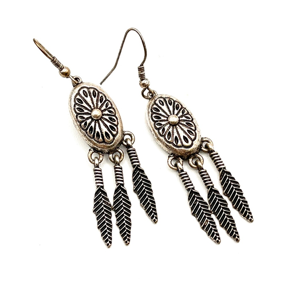 South American Navajo Style Concho Feather Dangle Earrings